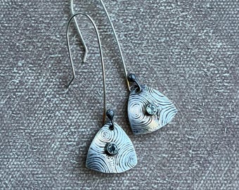 light aqua blue faceted topaz with textured fine silver shield earrings by AnvilArtifacts
