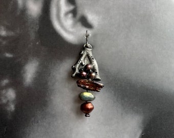 labradorite and pearl earrings by AnvilArtifacts with metal branch coral, stick pearls, where the sea meets the shore,