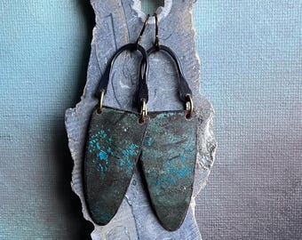 long natural verdigris patina shield earrings by anvilartifacts, mixed metal jewelry