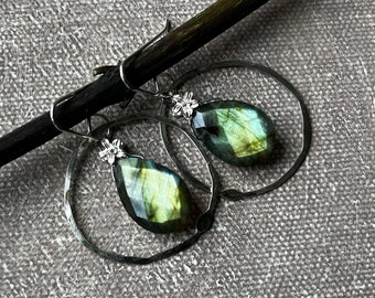 sterling hoop earrings with faceted labradorite by AnvilArtifacts, labradorite jewelry,