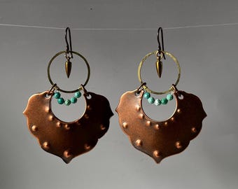mixed metal copper and brass earrings with faceted turquoise by AnvilArtifacts, Bohemian chic