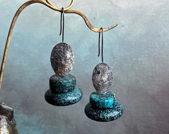 Turquoise earrings with sterling and fine silver with 24K gold by AnvilArtifacts, Keum boo, stacked stones, gold and silver, turquoise