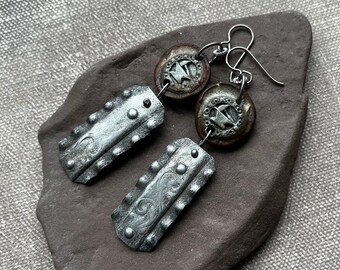 textured metal earrings by AnvilArtifacts with a ceramic hammer and anvil medallion, unique ooak, ceramic and metal jewelry