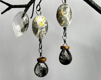 tourmalinated quartz and Keum Boo earrings by AnvilArtifacts with fused sterling dust and fine silver with 24 K gold, stone teardrops