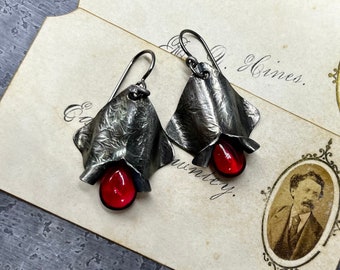 fine silver bloom earrings by AnvilArtifacts with watermelon teardrop blossoms, berry and silver, stone and textured silver