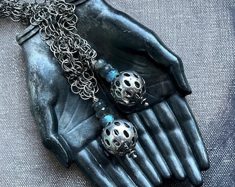 faceted labradorite stone chainmaille lariat necklace with large pierced SP beads by AnvilArtifacts