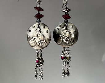 garnet earrings with performing Fleas at the Circus by AnvilArtifacts, whimsical, unique artisan jewelry, mixed metal jewelry