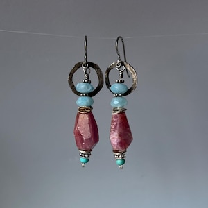 ruby nugget and faceted aquamarine earrings with hammer textured sterling silver by AnvilArtifacts
