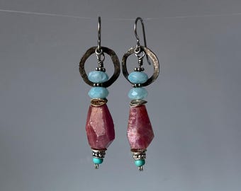 ruby nugget and faceted aquamarine earrings with hammer textured sterling silver by AnvilArtifacts