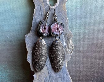 ruby earrings with graffiti textured shields by AnvilArtifacts, rustic ooak jewelry