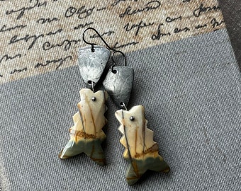 carved Jasper stone earrings with textured metal by AnvilArtifacts
