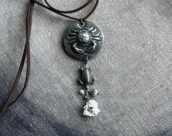 Ocean Life necklace by AnvilArtifacts with sea turtle and crab with pearls and sea stone, adjustable necklace, hydraulic press jewelry