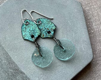 Roman glass and hammer texture verdigris patina shield earrings  by anvilartifacts