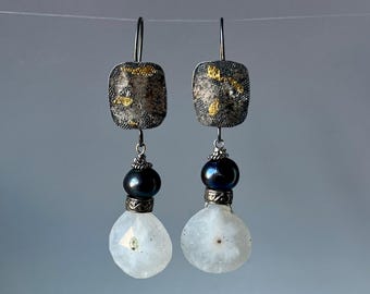 Solar quartz and black pearl earrings with Keum boo 24 K gold sterling and fine silver earrings by AnvilArtifacts