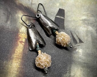 fine silver desert bloom earrings by AnvilArtifacts with selenite blossoms, natural stone and textured silver,