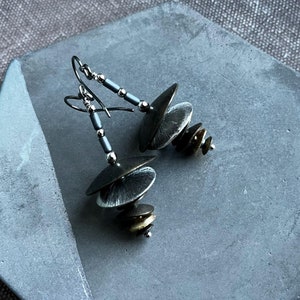 textured mixed metal stacked disc earrings by AnvilArtifacts, artisan jewelry