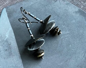 textured mixed metal stacked disc earrings by AnvilArtifacts, artisan jewelry