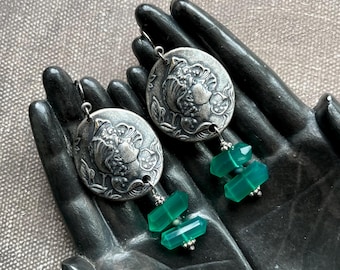 emerald green double pointed hydro quartz cameo earrings by Anvil Artifacts, metal face jewelry