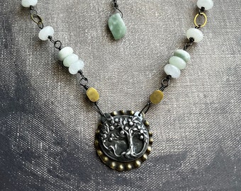 Paris orchard necklace with mixed metals and hemimorphite by AnvilArtifacts, stone and metal, tree of life, giving tree
