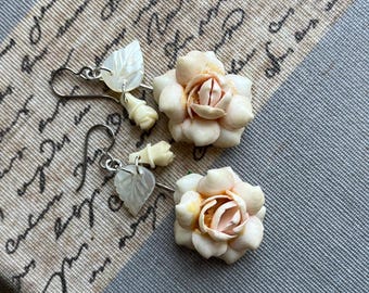 seashell rose earrings with carved rosebuds and mother of pearl leaves by AnvilArtifacts,