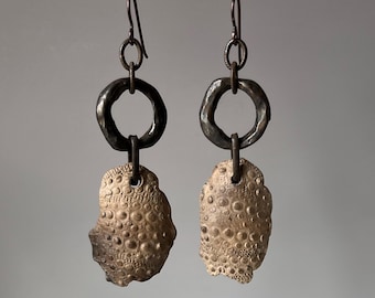 handmade ceramic sea urchin shards with dark organic metal hoop earrings by AnvilArtifacts