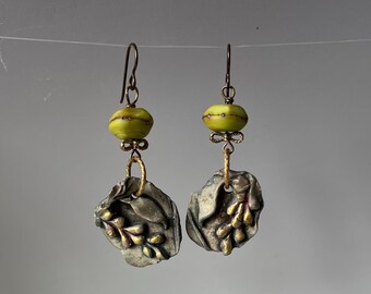 asymmetrical ceramic leaf earrings with artisan lamp work glass beads by AnvilArtifacts