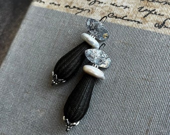 Keum boo and white coin pearl earrings by AnvilArtifacts with black Victorian teardrops, sterling silver and pearl earrings