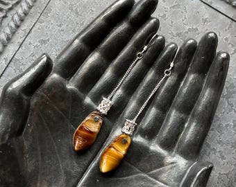 miniature carved stone shoe and sterling silver earrings by AnvilArtifacts, tigers eye