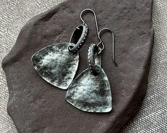 mixed metal rustic industrial textured artisan shield and hoop earrings by AnvilArtifacts