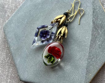 red rose and purple reverse carved lucite flower earrings  by AnvilArtifacts, assemblage jewelry