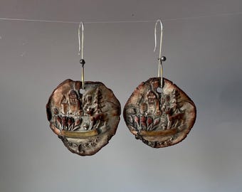 deer in the woods ceramic and sterling asymmetrical earrings by AnvilArtifacts