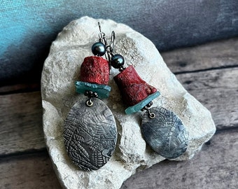 Trade Route earrings by AnvilArtifacts with black pearls and Roman glass with sponge coral and metal map of Athens streets,