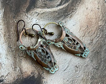 mixed metal filigree shield earrings with verdigris patina by AnvilArtifacts, rustic elegance