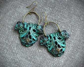 ancient style verdigris patina filigree and brass arch earrings by AnvilArtifacts