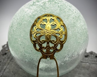 hammered brass hair pin with European antique engraved and pierced brass medallion by AnvilArtifacts