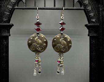 garnet earrings with performing Fleas at the Circus by AnvilArtifacts, whimsical, unique artisan jewelry, mixed metal jewelry