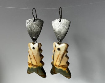 carved stone and textured metal gone fishing earrings by AnvilArtifacts, carved fish, fish jewelry, jasper jewelry, stone carvings