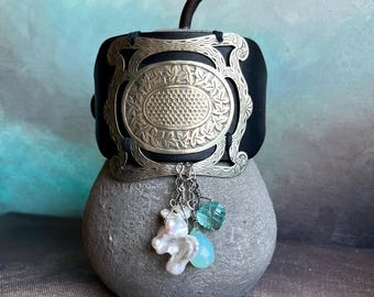 European antique buckle leather bracelet with fancy pearls aqua chalcedony and quartz by AnvilArtifacts