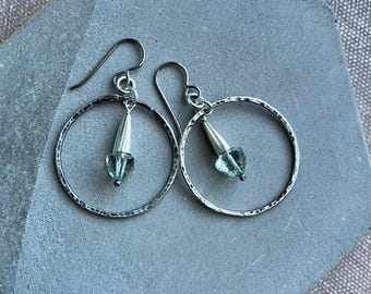 sterling silver hand hammered hoop earrings with faceted prasiolite stones by AnvilArtifacts, green amethyst