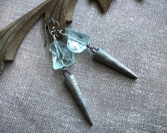 blue quartz crystal earrings by AnvilArtifacts with platinum glazed ceramic icicles , blue icebergs, silver spike jewelry