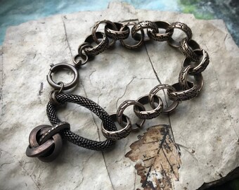 lovers knot large link chain bracelet by AnvilArtifacts, bronze textured chain, large cable chain bracelet