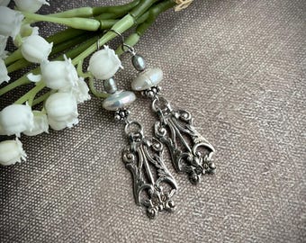 white and silver grey pearl earrings with elegant romantic European antique component by AnvilArtifacts
