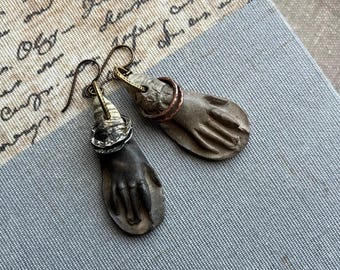 Ceramic hand earrings with sterling and copper stacked bangles by AnvilArtifacts, pit fired, OOAK, asymmetrical