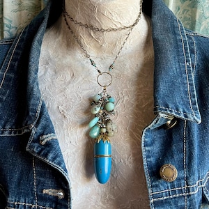 mid century blue enamel sewing kit assemblage necklace by AnvilArtifacts, Amazonite and sesame jasper stones