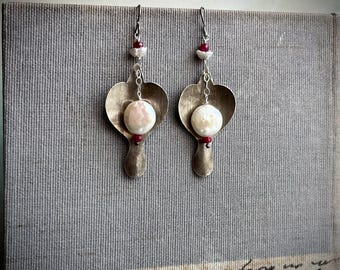 sterling silver bleeding heart earrings with rubies and white coin pearls by AnvilArtifacts