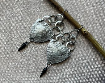 textured mixed metal artisan shield earrings with rustic industrial chic aesthetic by AnvilArtifacts