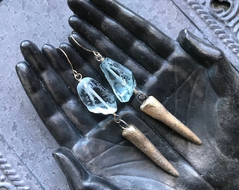Crystal quartz earrings with gold and snow white icicles by AnvilArtifacts, icebergs and icicles, gold spike jewelry,
