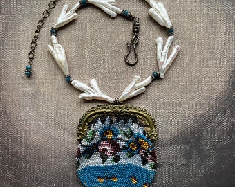 fancy pearl necklace with red rose antique 1920s beaded purse by AnvilArtifacts