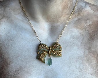vintage brass bow necklace with leaves and turquoise with light aqua crystal by AnvilArtifacts