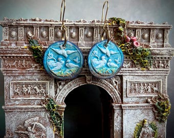 nesting bird earrings by AnvilArtifacts, turquoise and white, asymmetrical, ceramic bird jewelry, rustic elegance